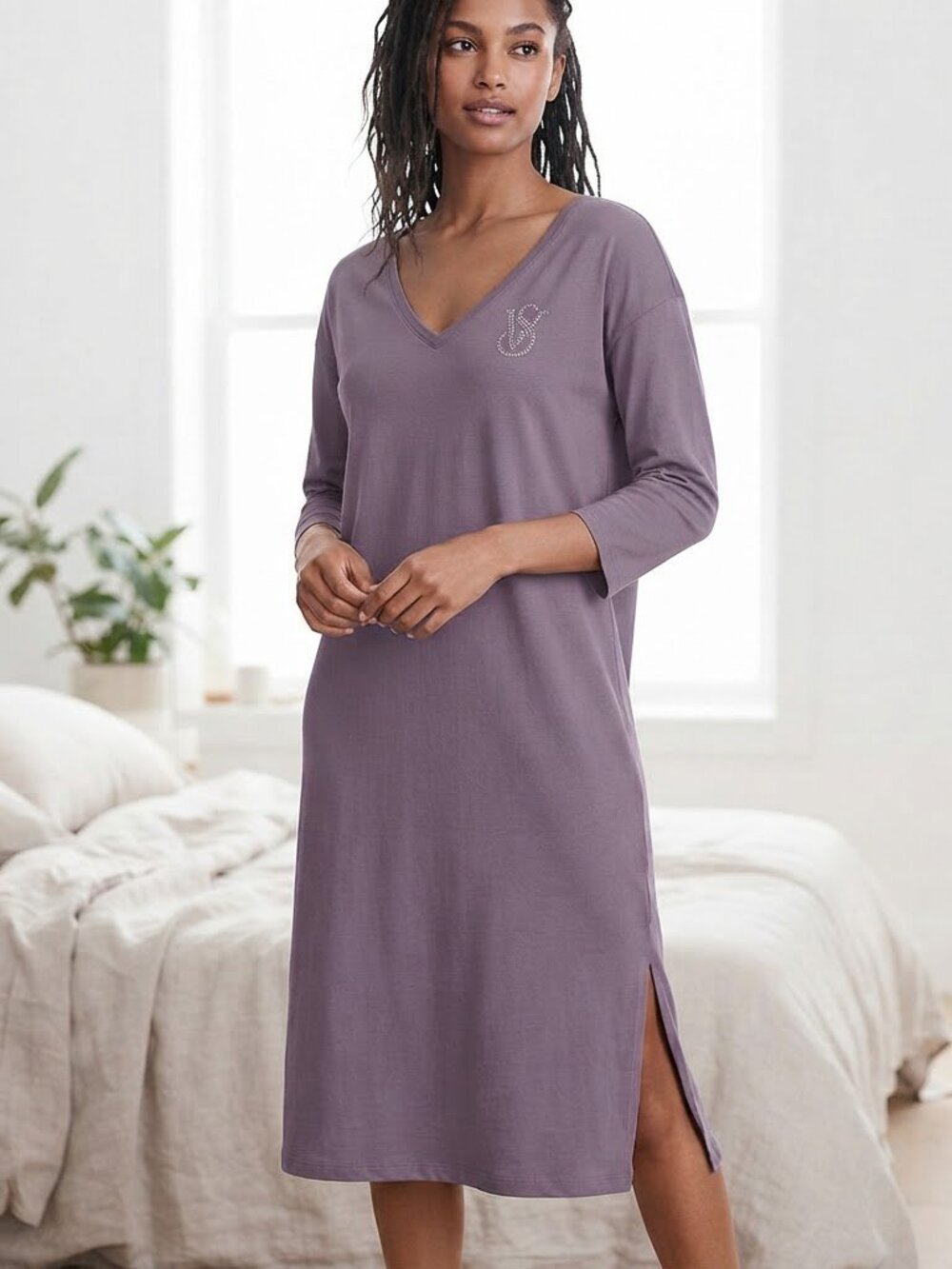 VS Purple 3/4 Sleeve Maxi Sleepshirt Night Gown Dress Cotton XS/Small